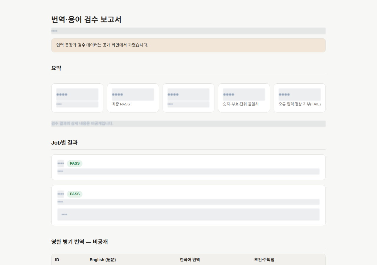 번역·용어 검수 보고서 — 식별 정보와 내부 데이터를 가린 산출물 화면